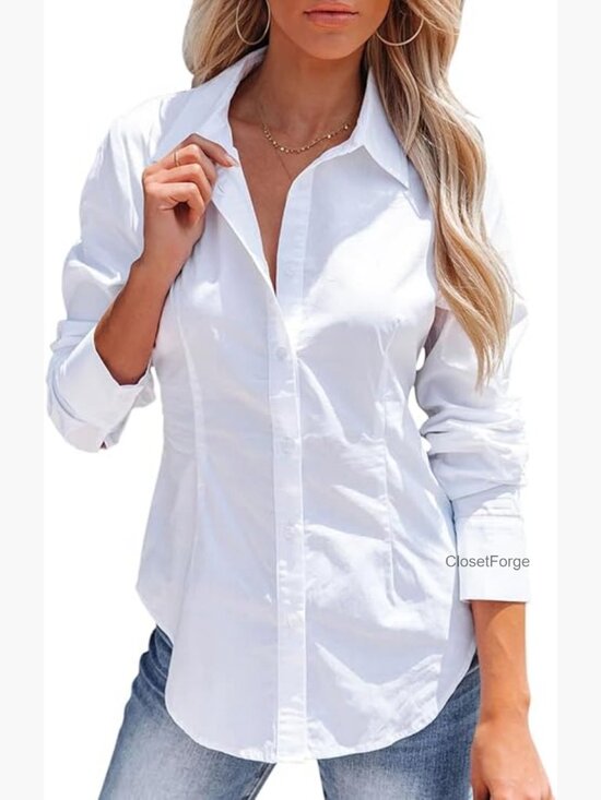 Tops - Women's Button Down Shirt Long Sleeve Wrinkle Free Blouse
